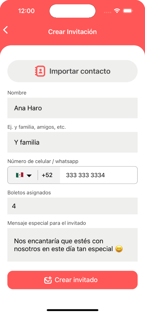 App móvil - Invitaciones digitales - Crear invitado